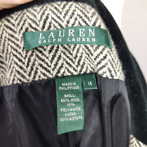 Ralph Lauren Herringbone Tweed Blazer 90% Wool Velvet Collar Sz 14 - Picture 6 of 14